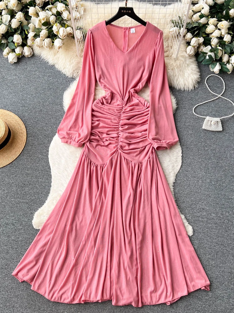 

Women Elegant Sexy Seaside Vacation Dress Summer Long Sleeved Pleat V-neck High Waist Slim Fishtail Dresses Vestidos