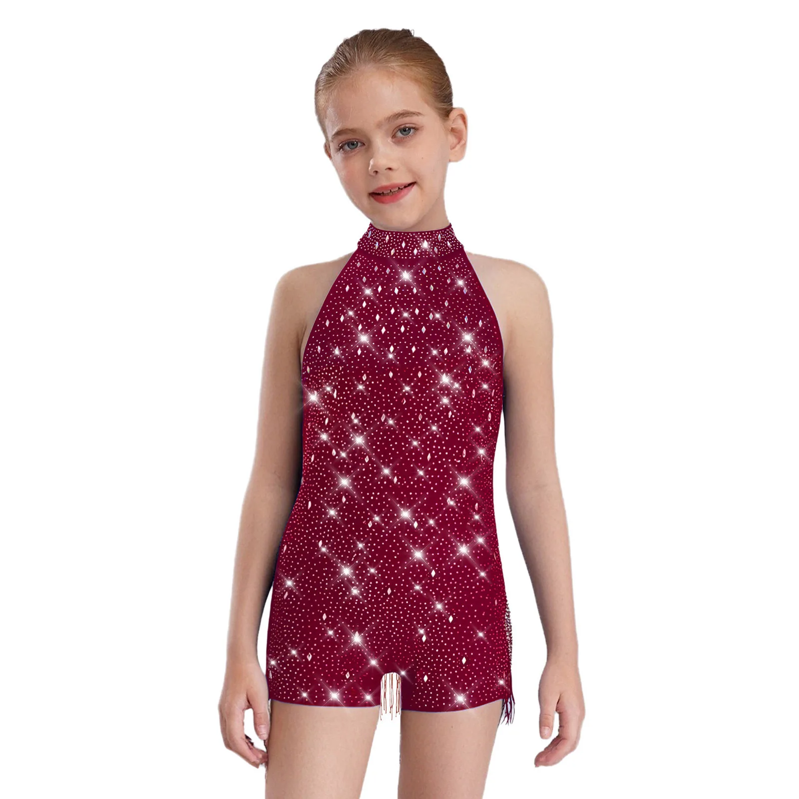 # Jumpsuit Latin Jazz untuk Anak Perempuan Usia 6-16 Tahun, Model Halter Tanpa Lengan dengan Rumbai dan Berhias Berlian Imitasi, Bodysuit untuk Pertunjukan Waltz