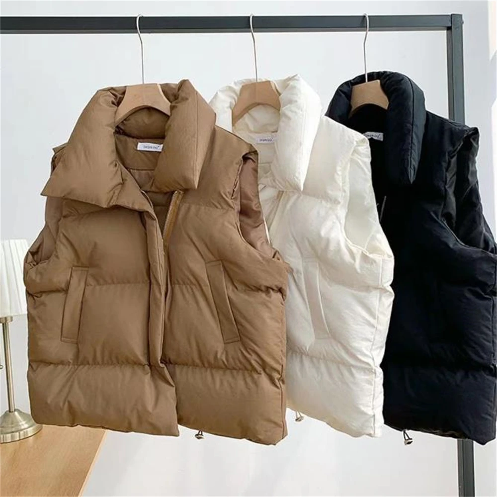 New Winter Cotton Vest Women Warm Coat Turn-down Collar Zipper Sleeveless Jacket Overcoat Loose Drawstring Waistcoat Vest Coat