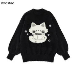 Black Kawaii Lolita Knitted Sweater Women Gothic Y2k Cartoon Cat Pullover Autumn Winter Female Vintage Sweet Warm Jumpers Tops