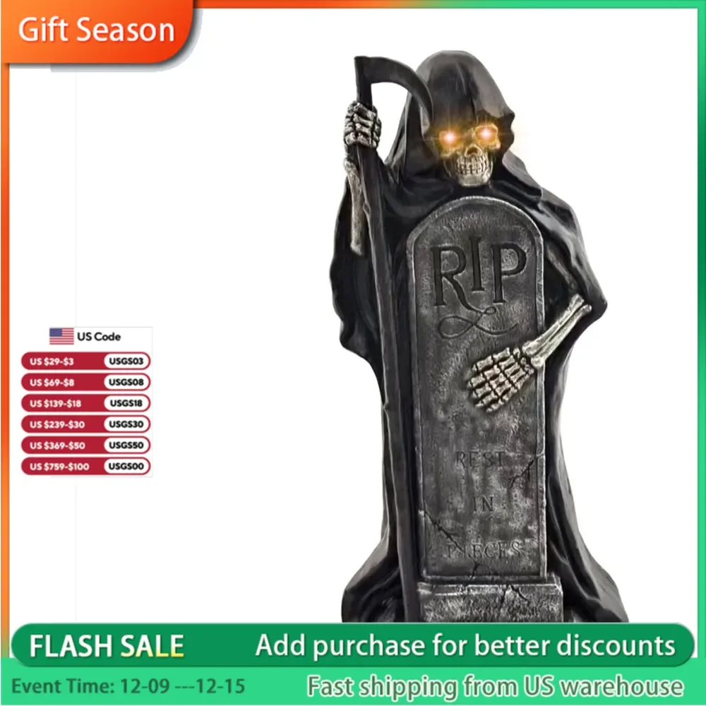 

39-in. MGO Grim Reaper Holding Sickle Statue with LED Eyes, Standing Halloween Decoration for Spooky.