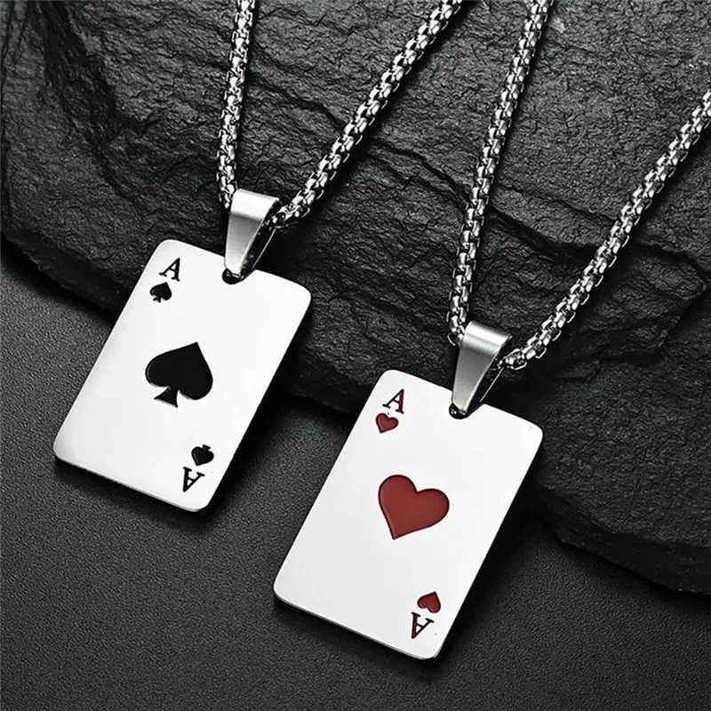 

2Piece Set Hip Hop Statement Poker Card Ace of Spades Necklace For Women Men Stainless Steel Pendant Chain Playing Cards Jewelry