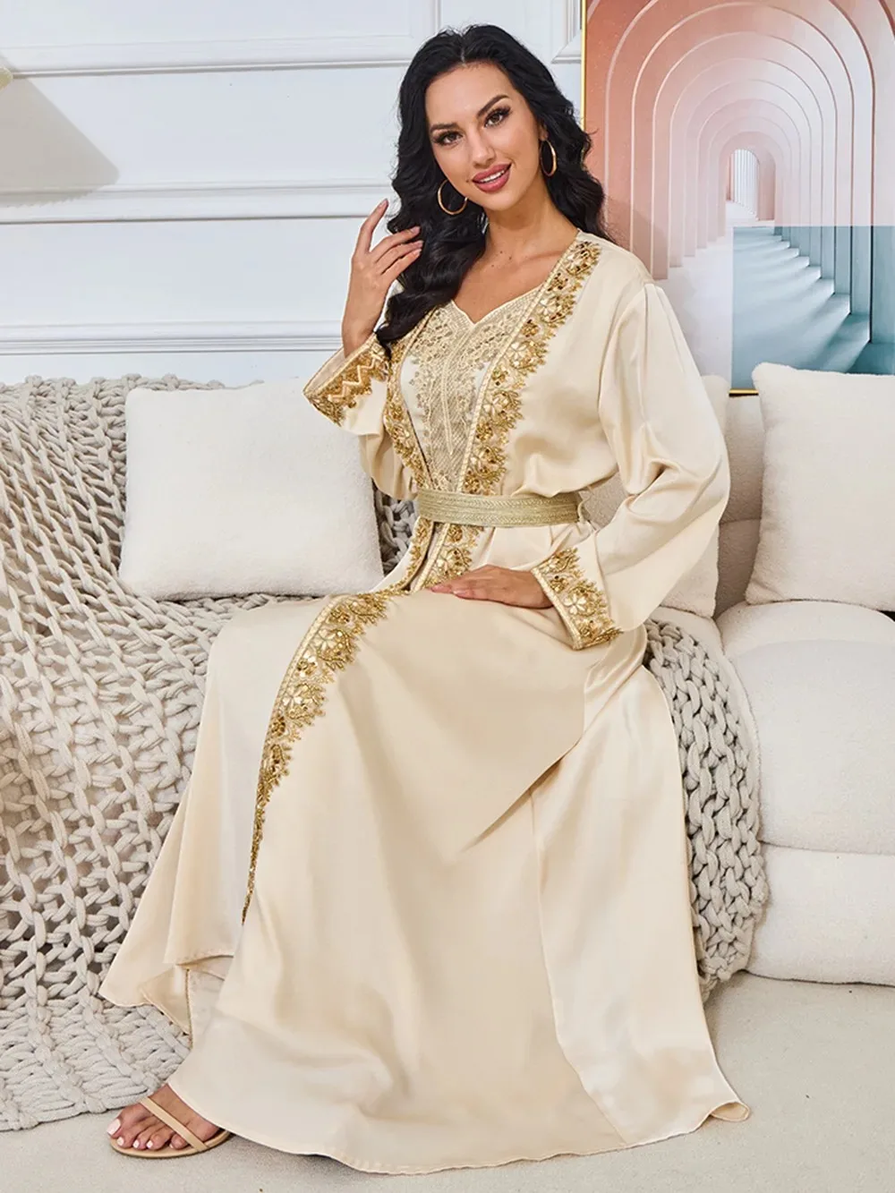 Dresses 2 Piece Sets Muslim Women Party Open Abaya Morocco Beading Sashes Jalabiya Ramadan Vestidos Kaftan Cardigan Robe Suit