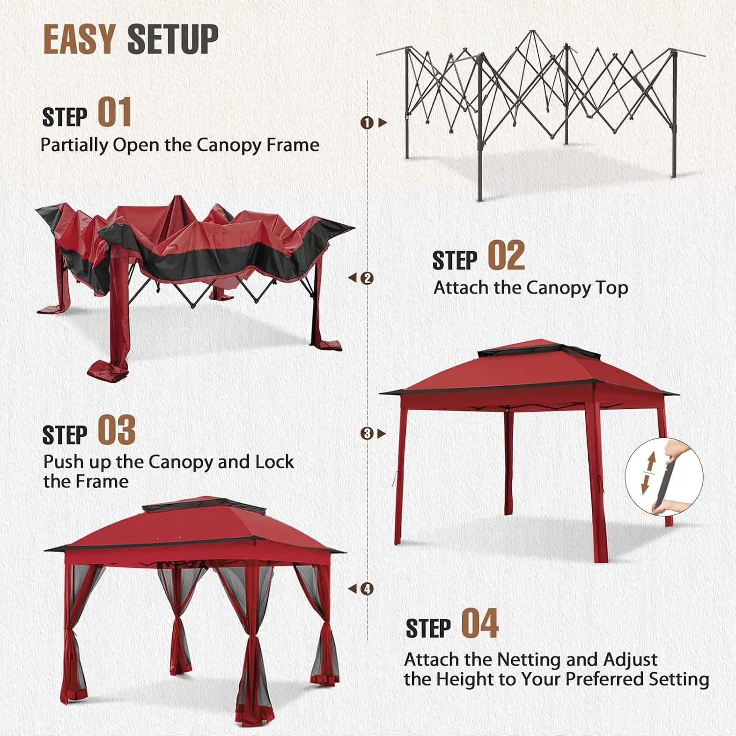 11x11 Pop Up Gazebo Outdoor Canopy Tent Red Easy Setup Heavy Duty Screened Backyard Patio Extended Eaves Carry Bag, Customized