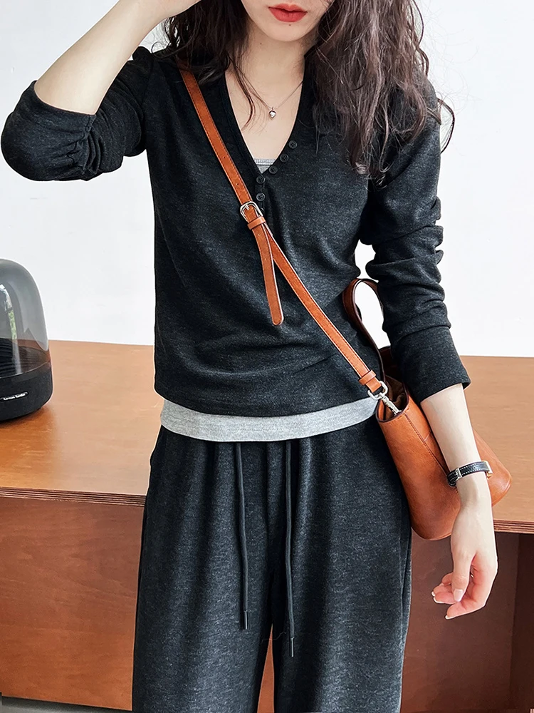 [EAM] Gray Soft Casual T-shirt Wide Leg Pants Three  Piece Suit New Hooded Long Sleeve Women Fashion Spring Autumn 2024 1DH6649