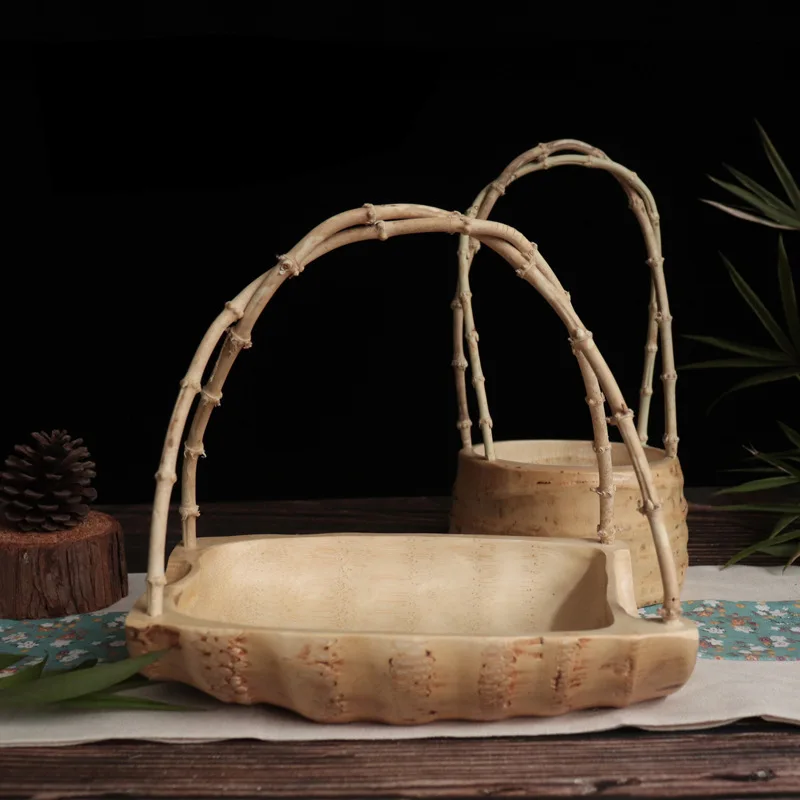 Withered Bamboo root basket, fruit basket, sushi, tea, dim sum dish, pure characteristics, handmade bamboo products, Japanese an