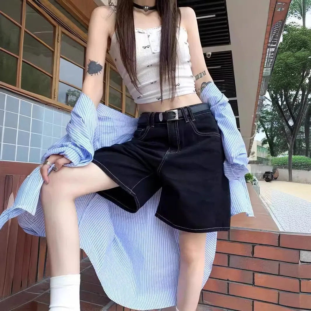 

Large Size Black Denim Medium Pants Women's Summer New Small Versatile Casual Pants Loose Dark Wide-leg Five-point Pants