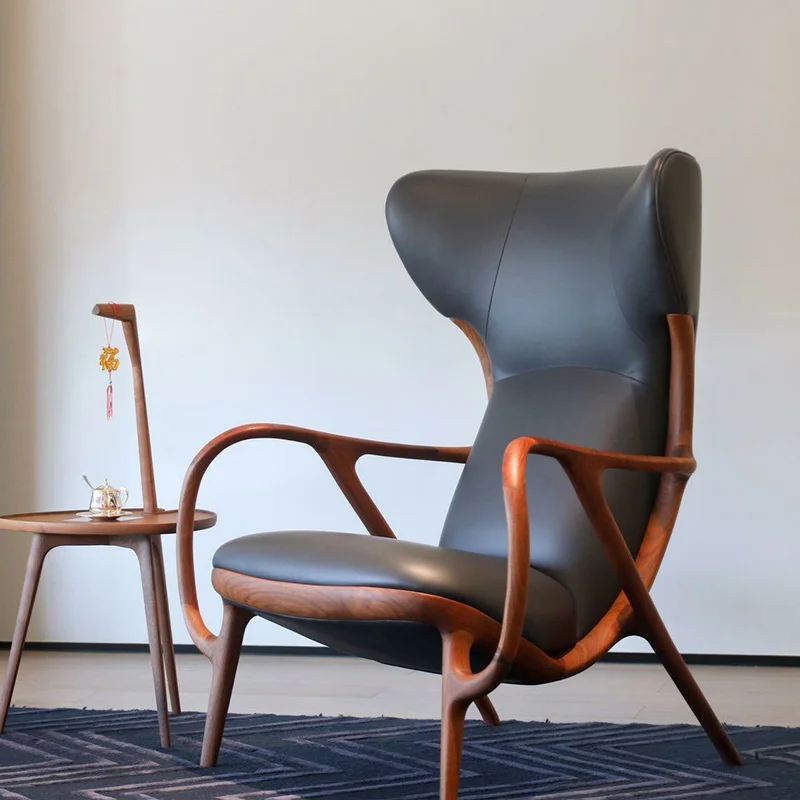 

Solid wood leather sofa chair high-end black walnut leisure chair clubhouse living room single sofa