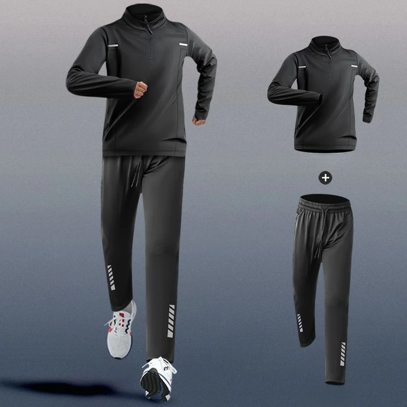 

2-Pieces Men's Quick-drying Sports Suit Fitness Running Tight Elastic Trousers With Cap Gradient Coat Round Neck Casual T-shirt