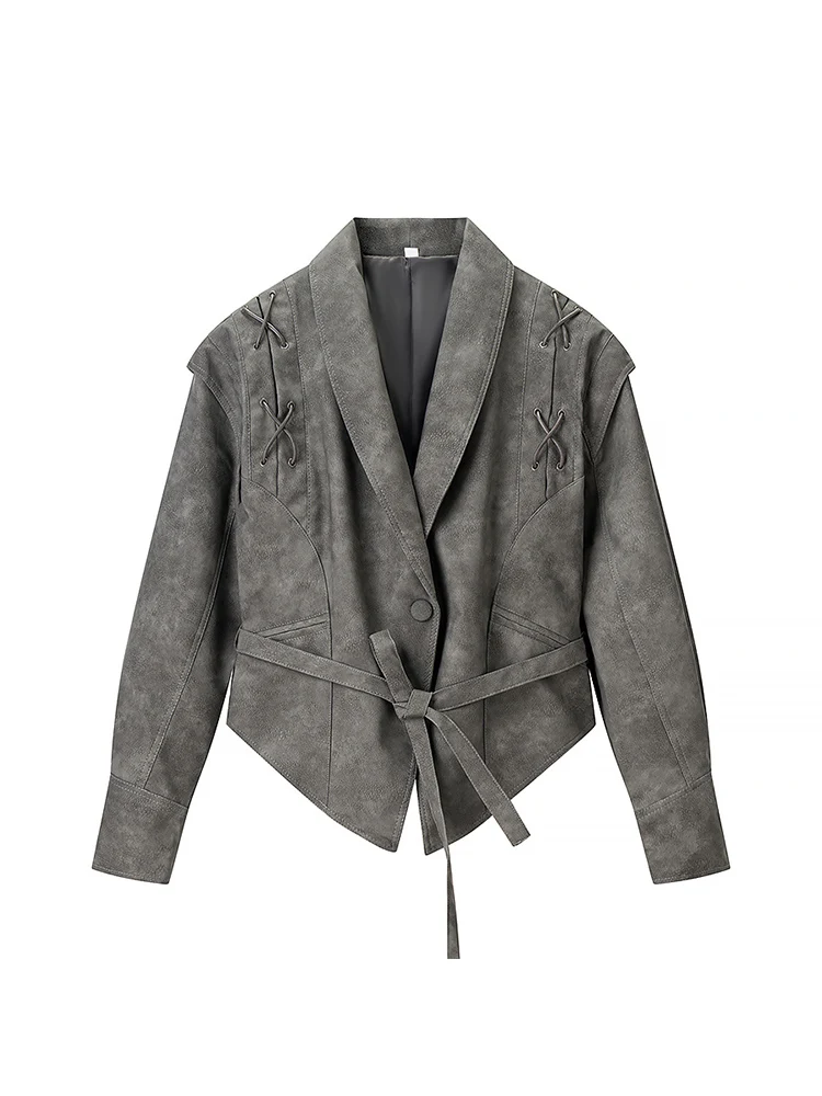 سترة نسائية عصرية جديدة على الطراز الأوروبي، متعددة الاستخدامات وأنيقة، تتميز بألوان ثابتة وتصميم عتيق وحزام مطابق. #1