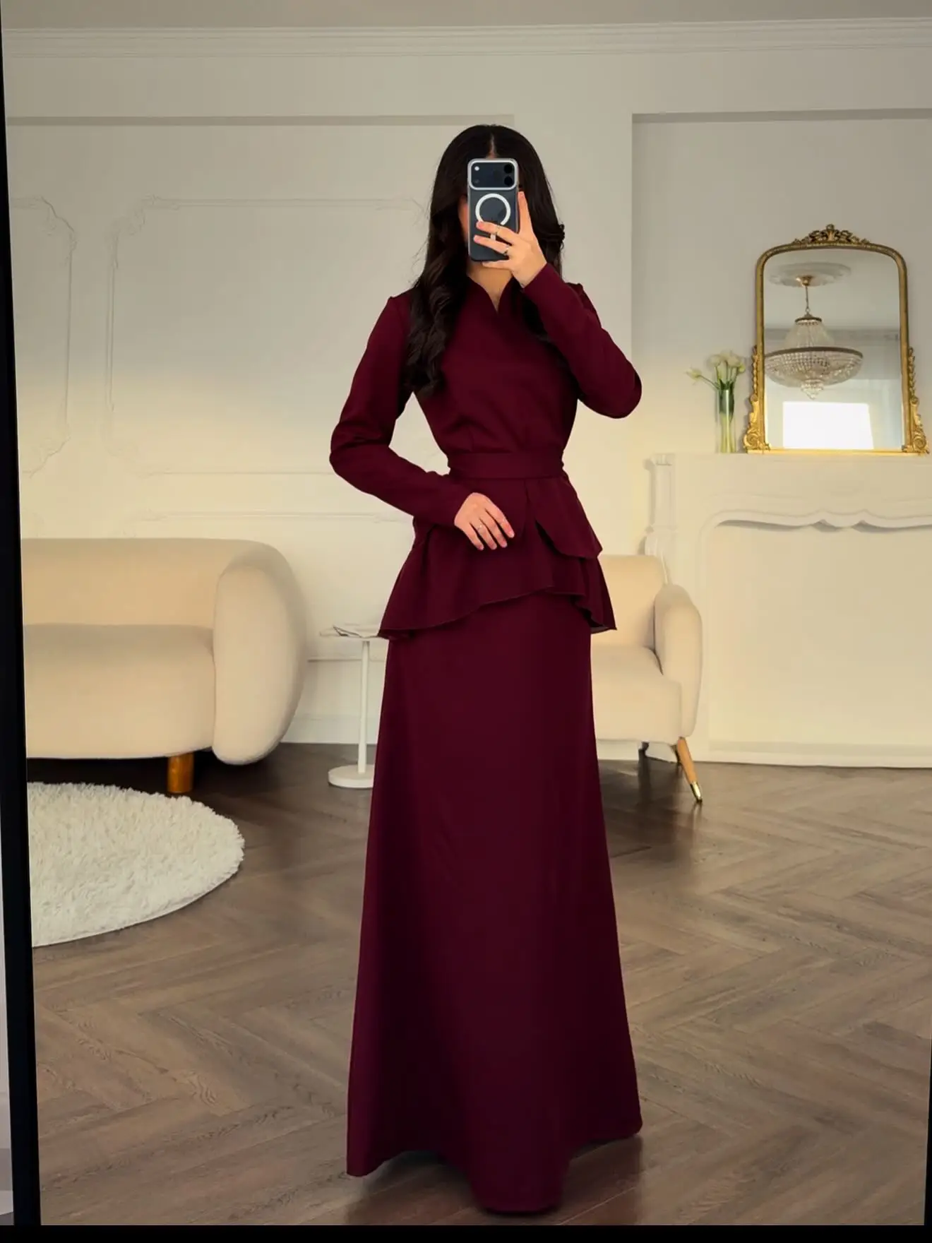 فستان حفلات أنيق مخصص باللون العنابي للنساء برقبة على شكل حرف v وأكمام طويلة للحفلات المسائية بطول الأرض فساتين مناسبة رسمية #1