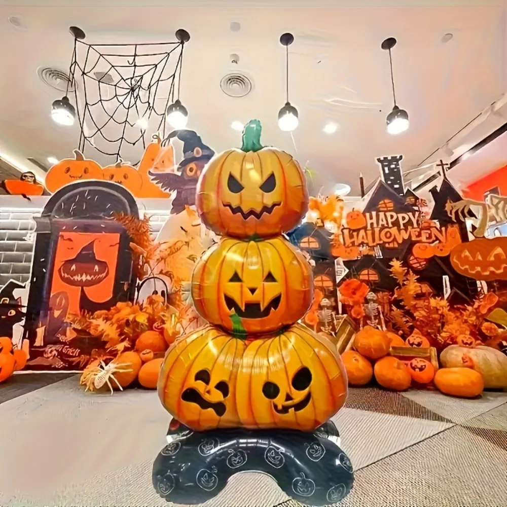 3Layer Stacked Pumpkin Foil Balloon Halloween Standing Inflatable Ornament Home Porch Yard Spooky Party Holiday Photo Decoration