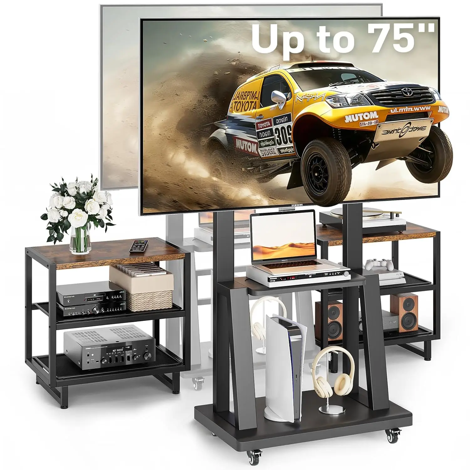 

Rolling TV Stand for 32-75 Inch Screens Up to 120lb, Mobile TV Stand with Storage Shelves, Height Adjustable, Customized