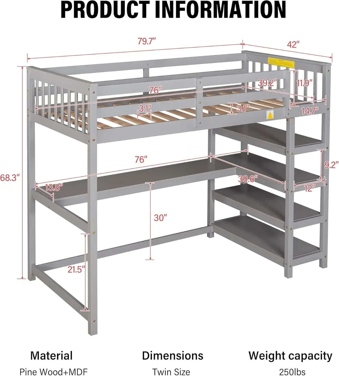 Wood Loft Bed with Desk : Twin Size Loft Bed with 4-Storage Shelves and Under Bed Desk Solid Wood Bed, Grey