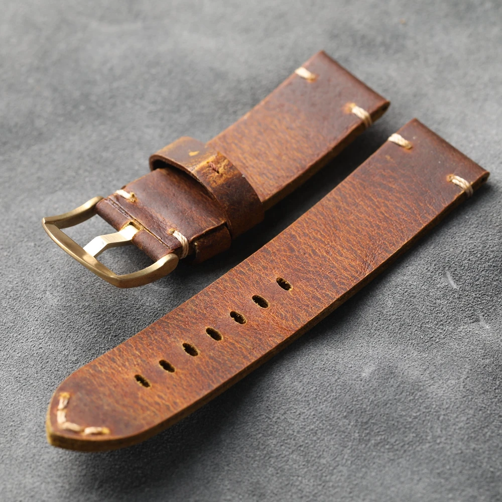 Handmade Thickened Genuine Leather Watch Band, Bronze Watch Accessories 24MM 22MM 20MM Brown Vintage Men\'s Thickened Bracelet