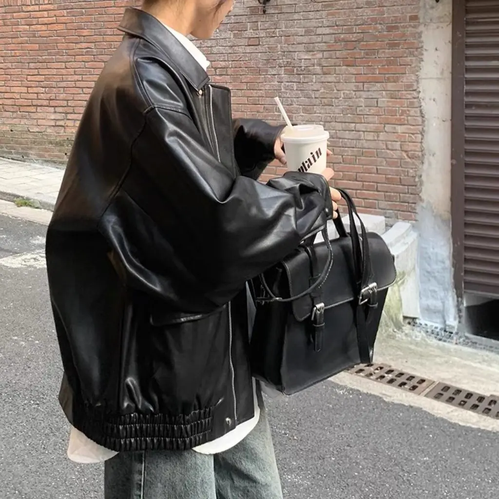 

Women's Brown Imitation Leather Jacket Hong Kong-style Autumn High-grade Loose American Vintage Motorcycle Top