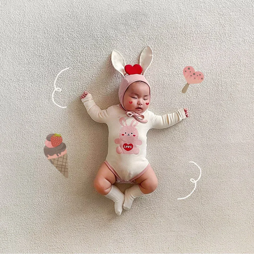 Ins Infant Baby Girl Clothes Sweet Lovely Rabbit Onesie  Spring Newborn Long-Sleeved Romper Photoshoot Outfit for Celebration