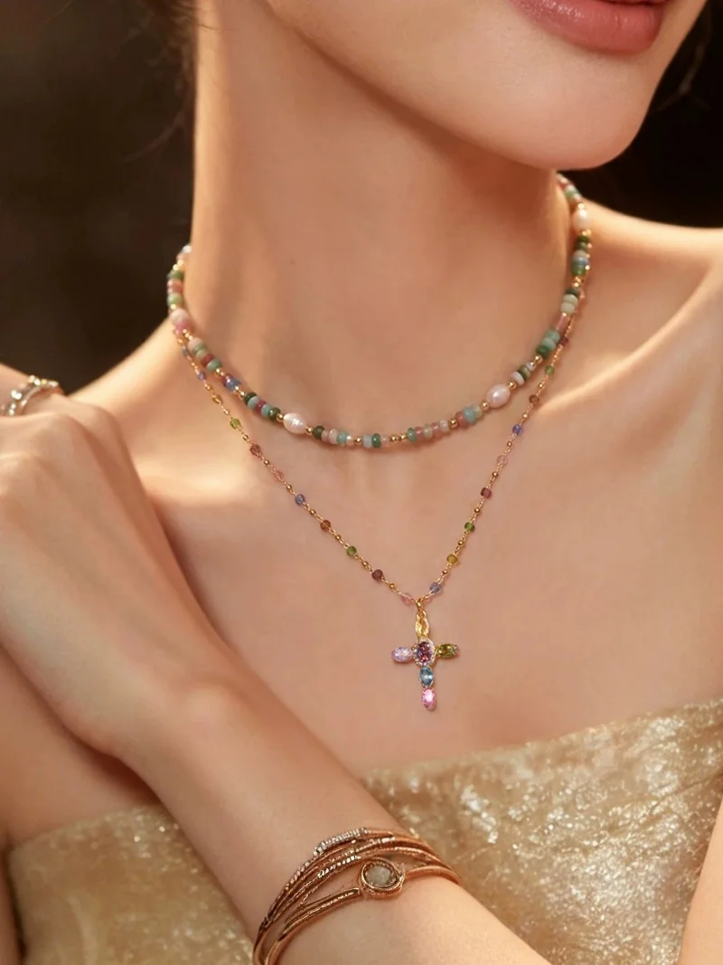Fashion Sweet Colorful Zircon Cross Necklace Women Light Luxury Advanced Sense Cute Exquisite Trendy All-match Clavicle Chain