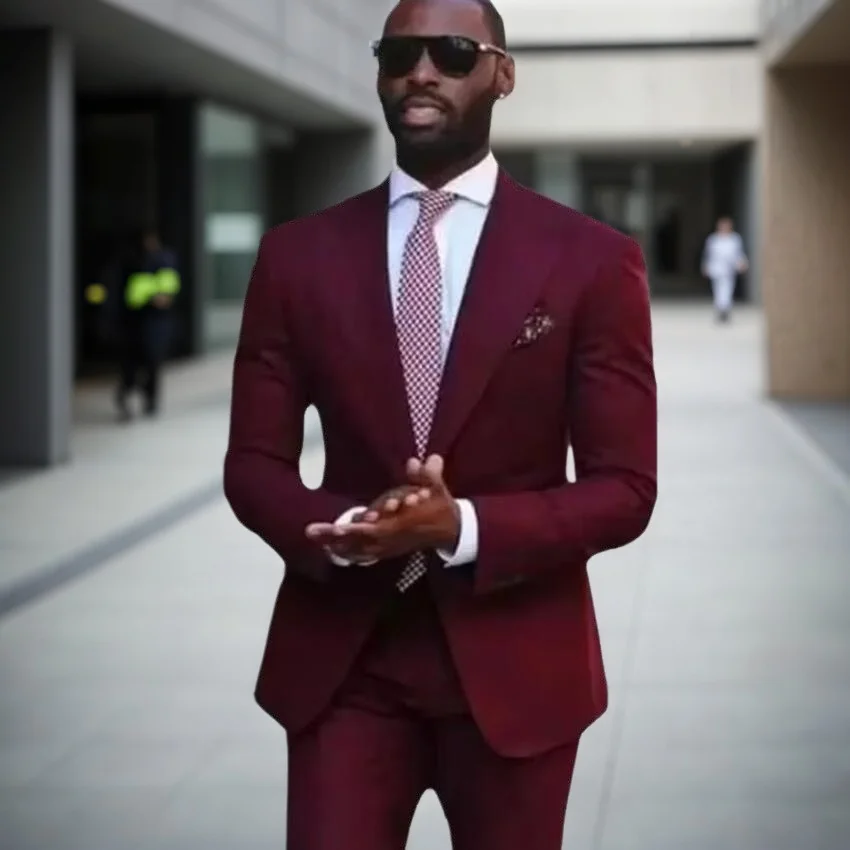 

Classic Burgundy Wedding Suits Peaked Lapel Two Buttons Slim Style Tuxedo Business Dinner Male Suit (Jacket+Pants) Costume Homme