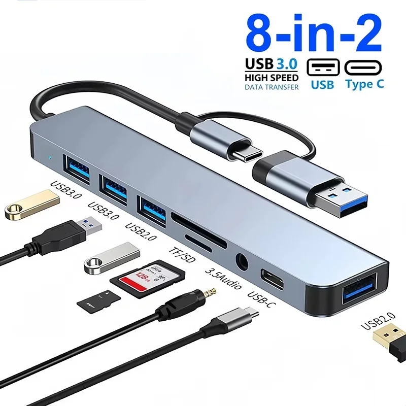 Stacja dokująca USB Type C 8 w 1, adapter multiportowy Type C z gniazdem 3.5mm, czytnikiem kart pamięci SD do…