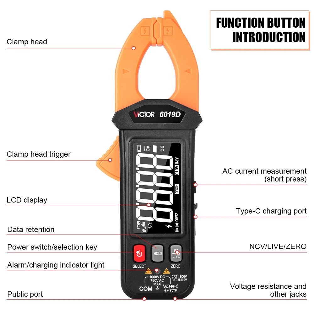 Victor 6019D Digital Clamp Meter Large Screen Reverse Display 5999 Counts Auto Range 200A Rechargeable Digital Mini AC Clamp Tes