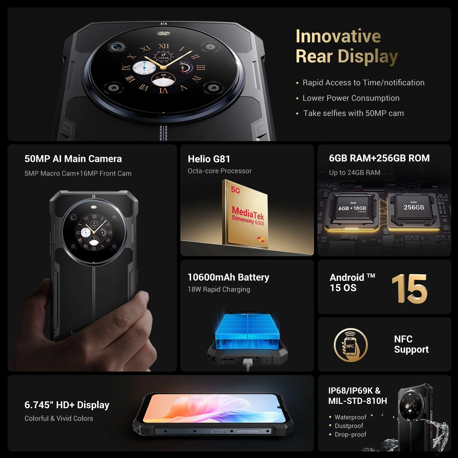 FOSSIBOT F109S هاتف ذكي متين بقدرة 10600 مللي أمبير في الساعة 6.745 بوصة HD + Android 15 24(6+18)GB + 256GB 50MP NFC/GPS 18W 4G معرف الوجه شاشة مزدوجة