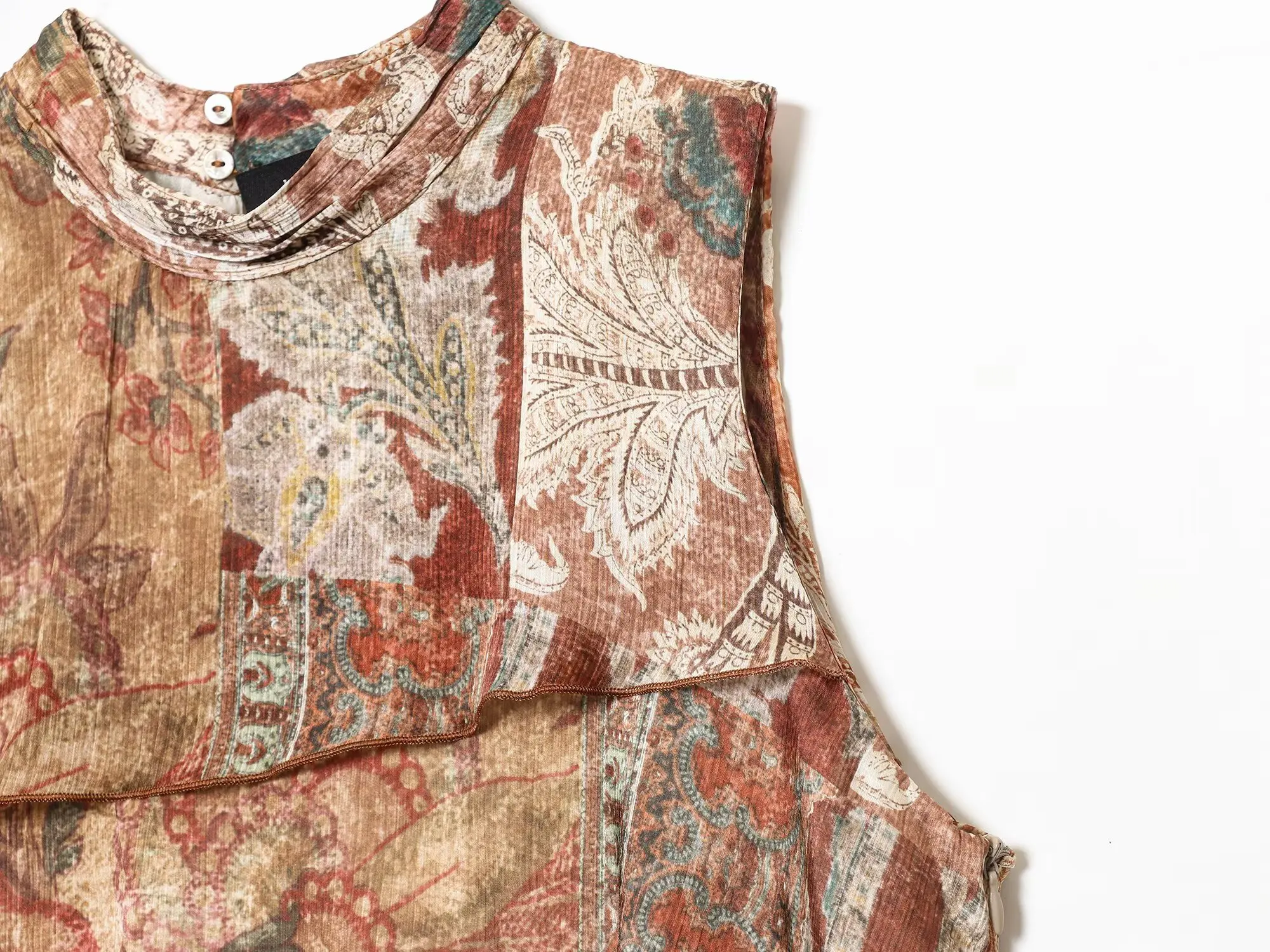 Novo vestido feminino marrom de inspiração francesa estampado slim fit estilo casual decote redondo com detalhes de babados em camadas vestido feminino