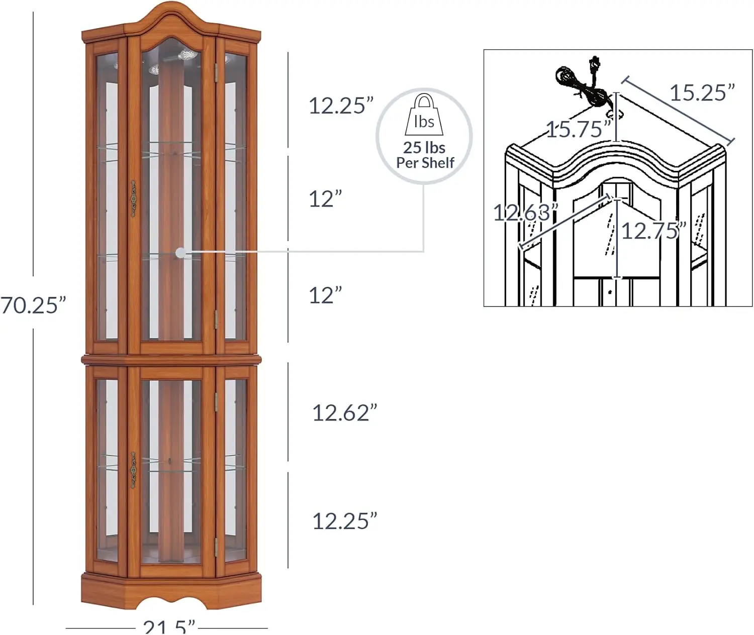 Belleze Lighted 3-Side Glass Display Curio Cabinet W/Tempered Glass Doors And Shelves, Curved Wood Corner Cabinet With Bulb,