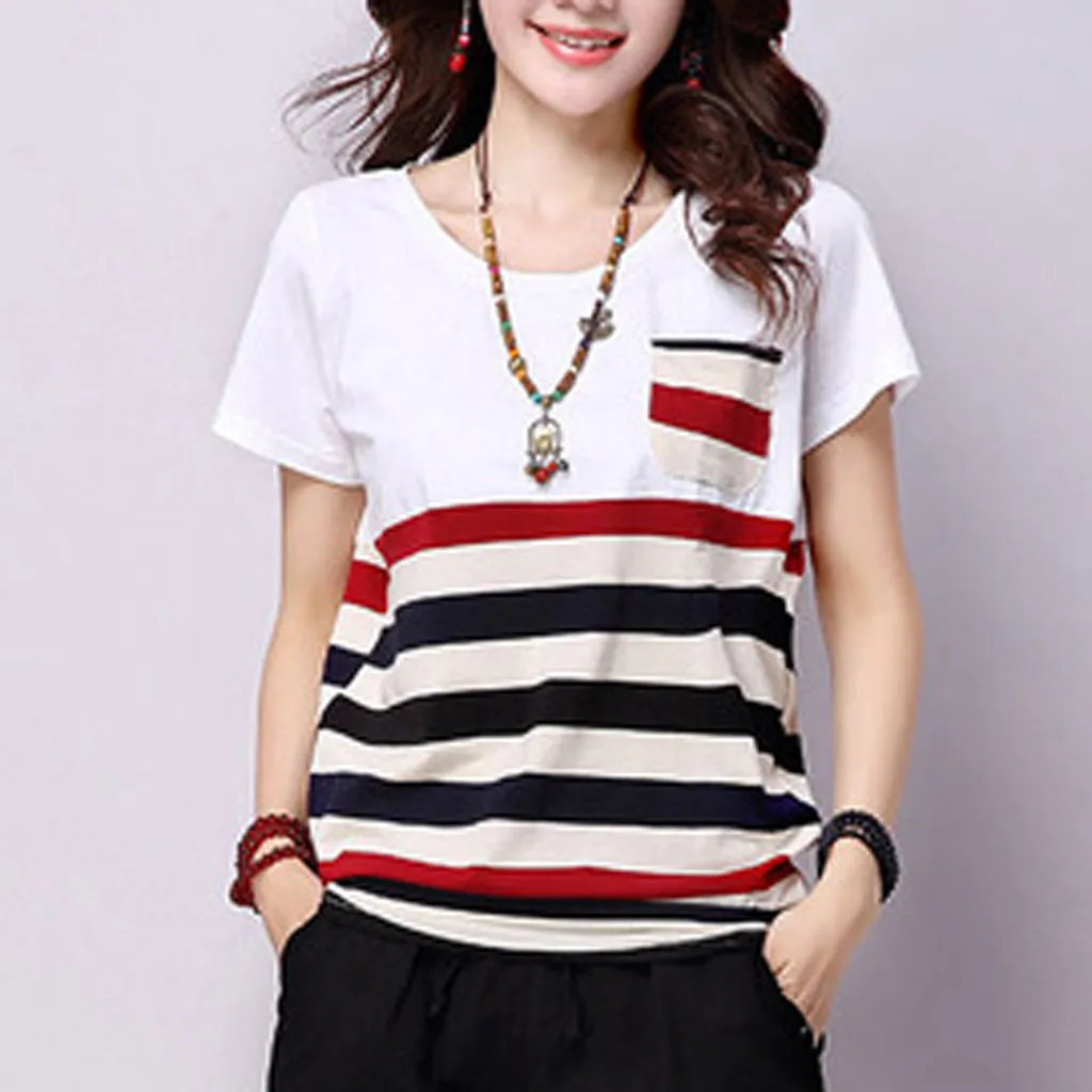 Summer  Women's Basic Top Outgoing Summer Fashion Women's Striped Short sleeved T-shirt Loose Large Round Neck Top Versatile