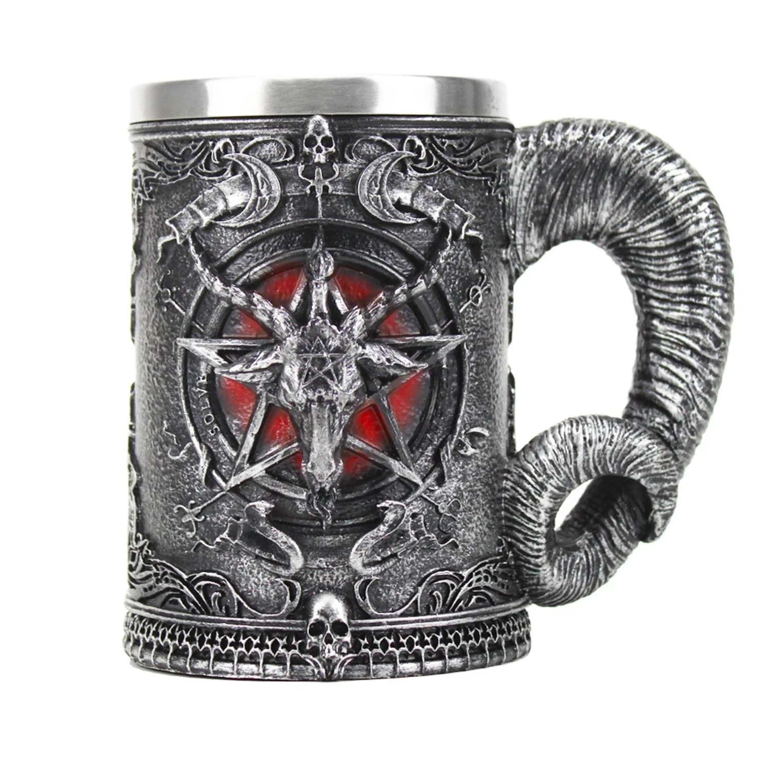 

Baphomet Pentagram Horn Mugs Resin Hand Painted Polished Retro Beer Stainless Steel Iiner Cool Cup Gothic Kitchen Drinkware