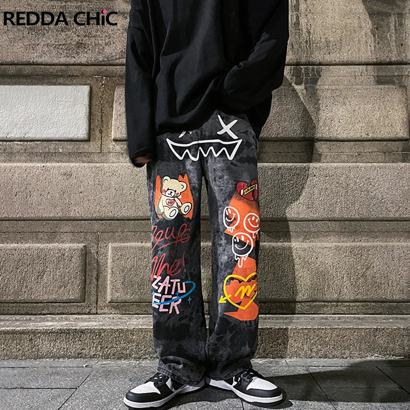 REDDACHIC Men Black Tie Dye Baggy Jeans Cartoon Graffiti Straight Casual Wide Leg Pants Plus Size Hiphop Grunge Y2k Streetwear