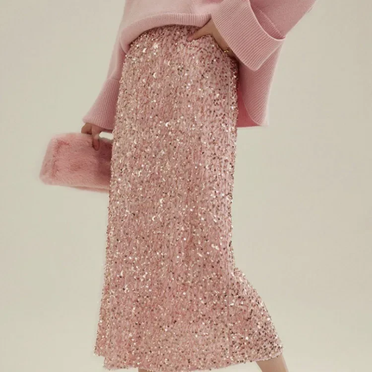 

Oversize Vintage Sparkling Sequin Skirt for Women Y2k High Waist Bodycon Skirts 2025 Early Spring New All-match Faldas Mujer