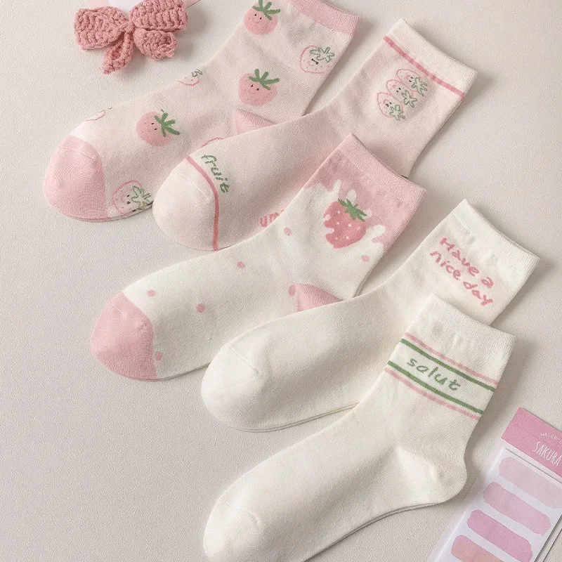 

Spring Summer Women Socks Female Pink Middle Tube Short Crew Socks Kawai Strawberry Milk Student Cute Strawberry Print Girl Gift