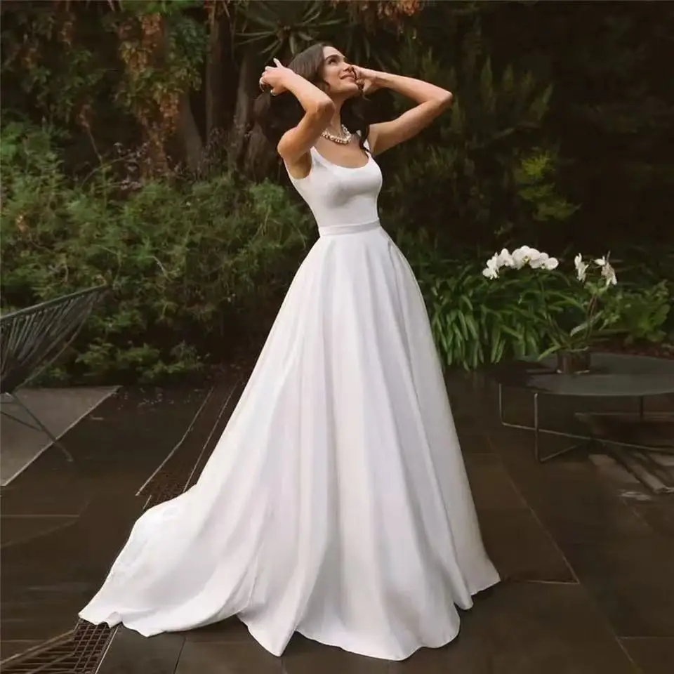Customized Simple And Elegant Rural A-line Square Neckline Satin Wedding Dress Sleeveless Floor Length Bridal Gown