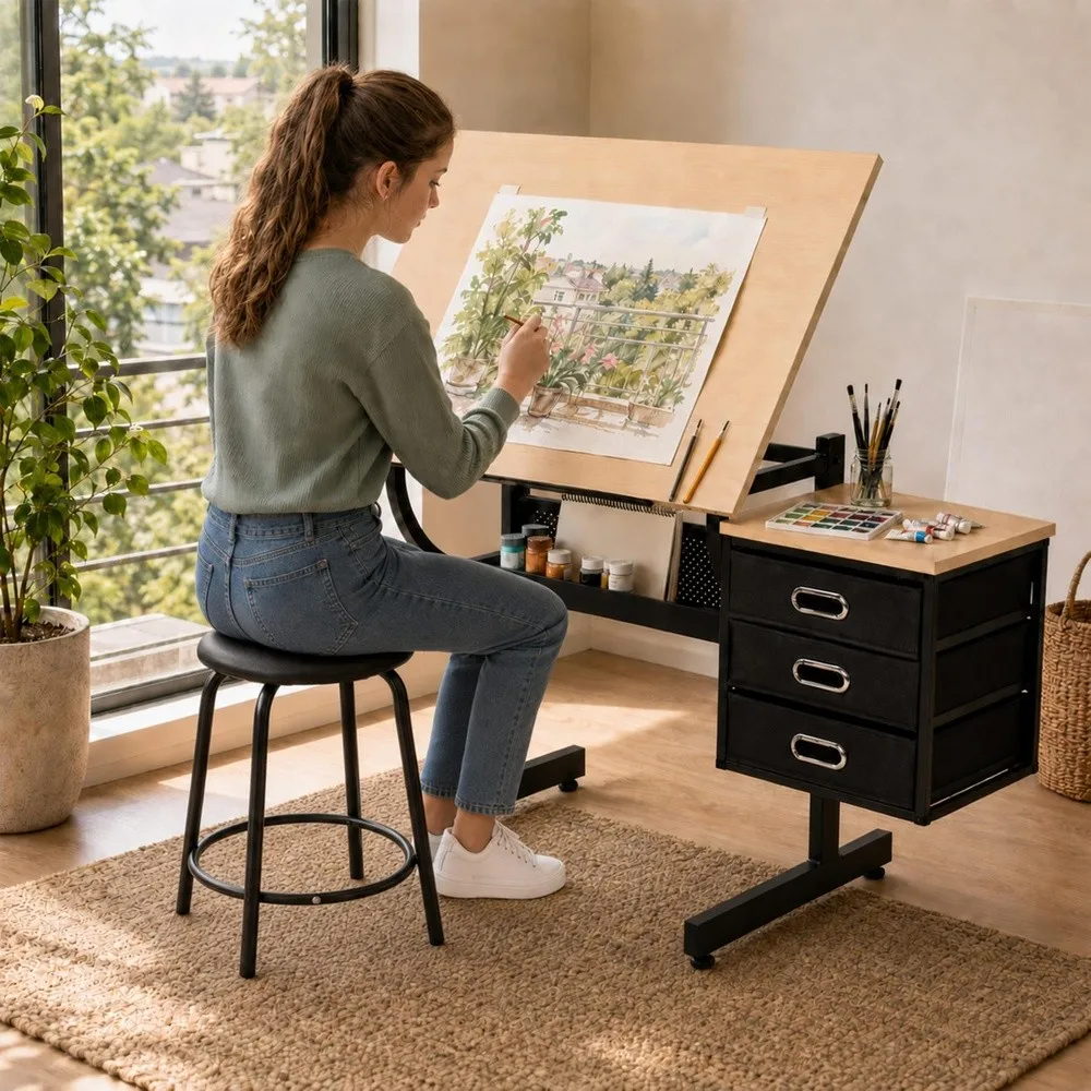 Adjustable Drawing Table with 3 Drawers and Stool Maple