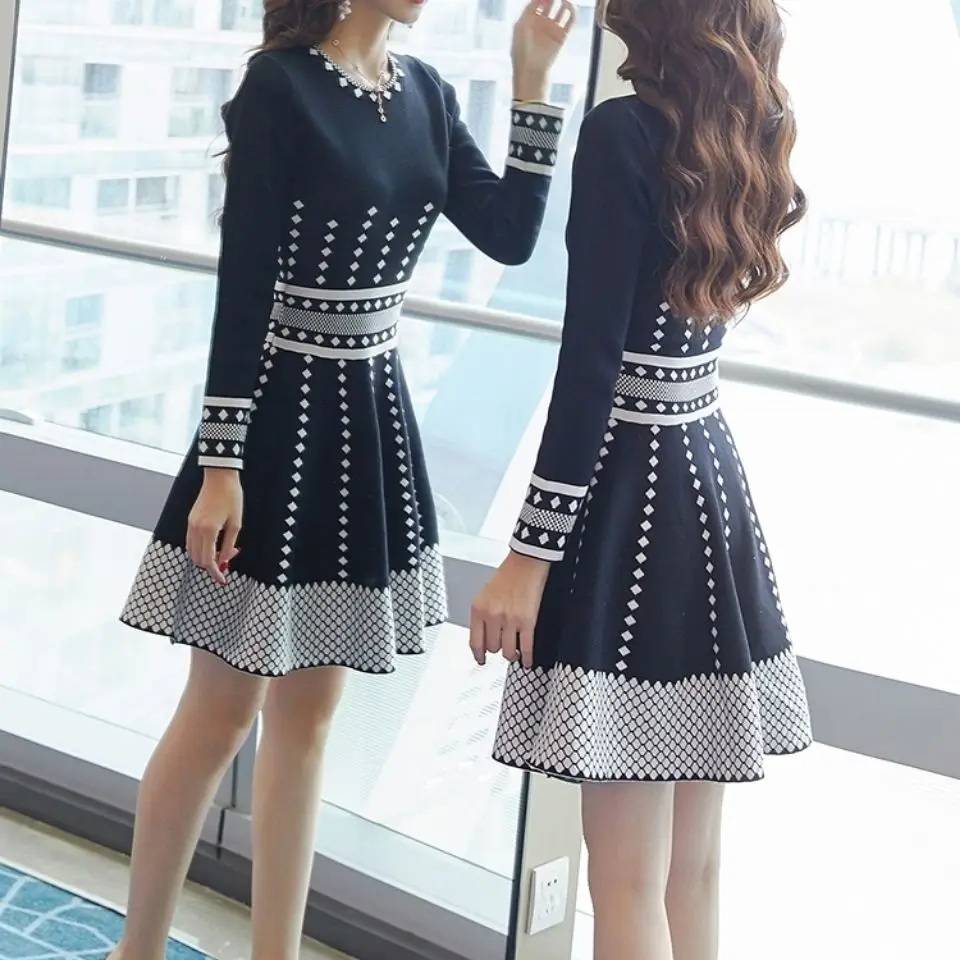 Female Dress Prom Knitted Party Black Evening Crochet Contrasting Colors Women\'s Long Sleeve Dresses Trendy Clothing Full Cotton