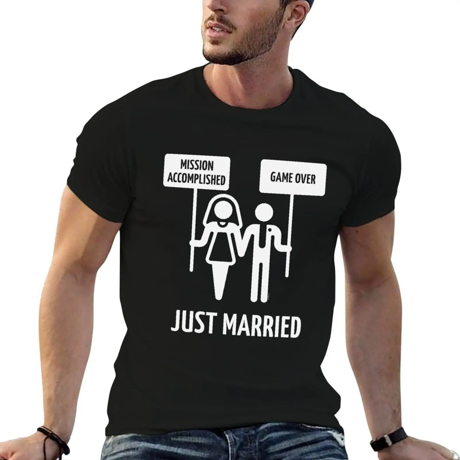 T-shirt Just Married – Mission Accomplie – Game Over (blanc) – T-shirt essentiel, t-shirts amusants, humorisme noir, t-shirt homme