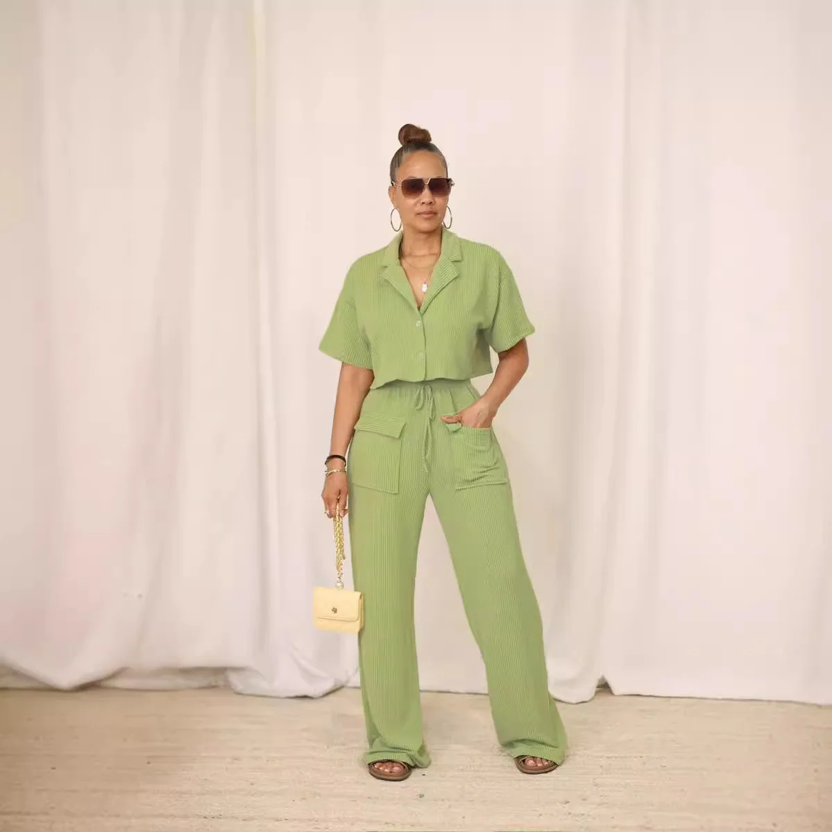 

Versatile Daily New Women's Solid Color Short Sleeved Shirt With Lapel Top Long Casual Loose Comfortable Wide Leg Pants Set