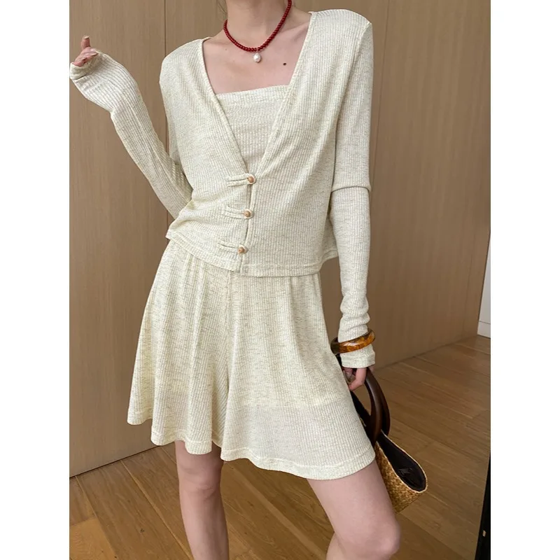 Women Knitting Soft Comfortable Thin Soft Cardigan+ Tube Top+ Short Skirt Pants Three-piece Suit Korea Chic Casual Lady Suit