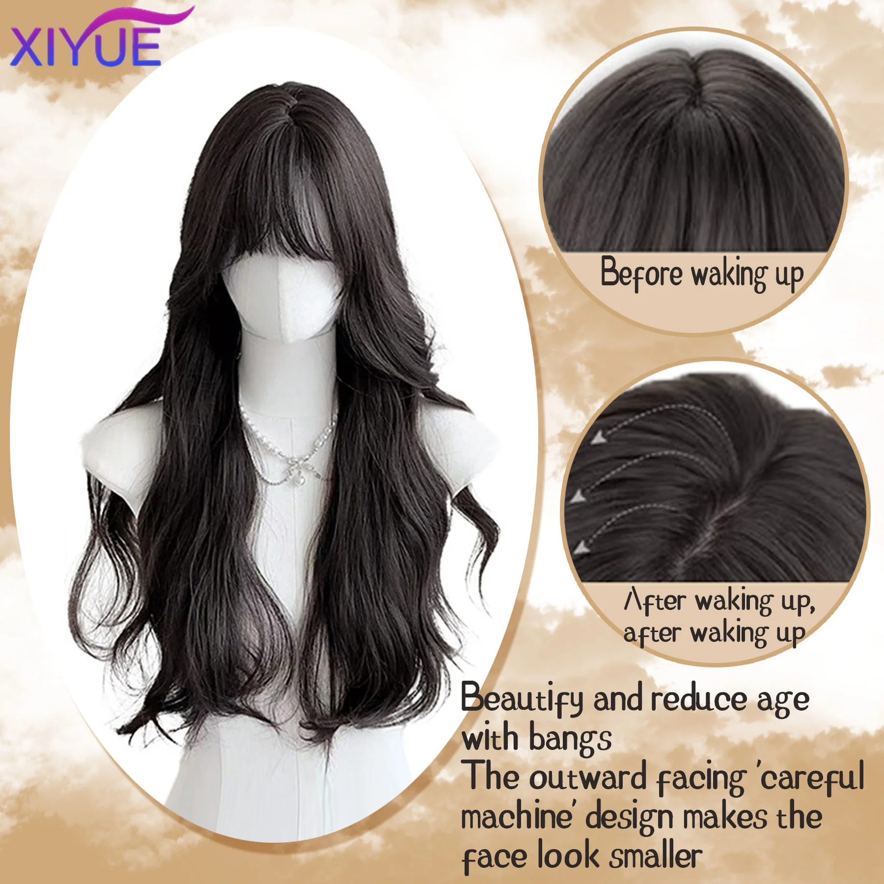 XIYUE Popular Brown Ash Long Deep Wave Hair Lolita Wigs With Bangs Synthetic Wig For Women Fashion Thick Curls Wigs Girl