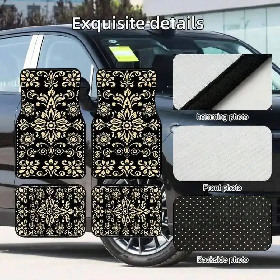

4pcs Vintage Floral Print Car Floor Mats Polyester Non-Slip Durable For SUV Truck