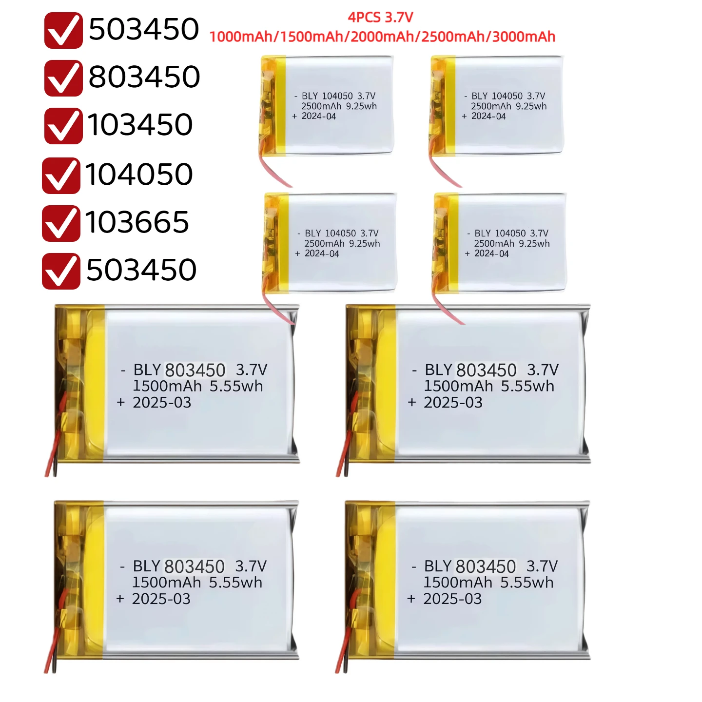 3.7V 1000‑3000mAh LiPo Battery 4PCS Rechargeable Polymer Cell for PS4 Game Controller Walkie‑talkie GPS Replacement