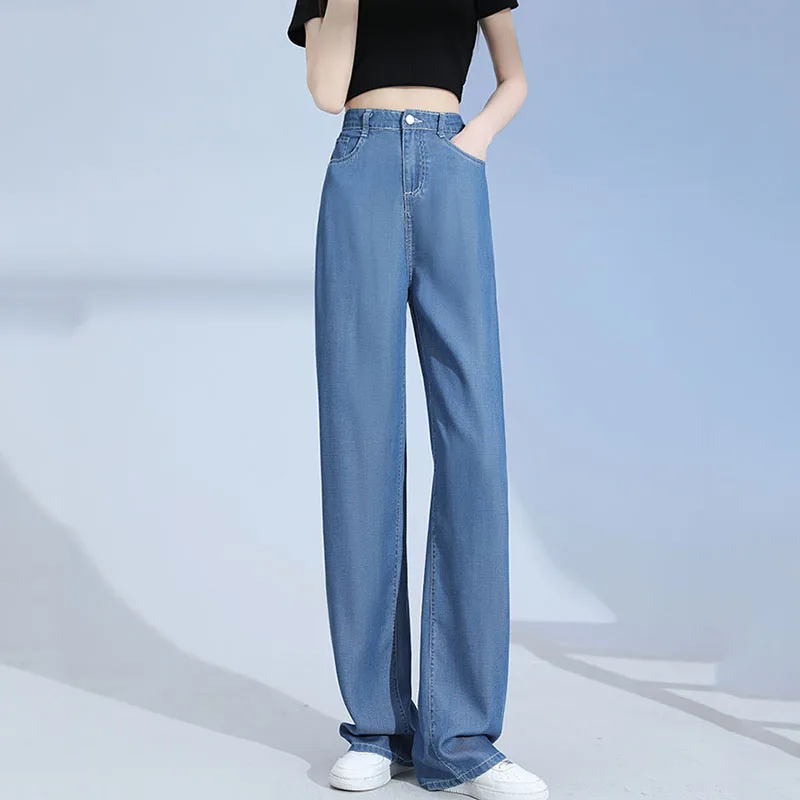 

New Summer Thin Cool Ice Silk Jeans Women Casual Loose High Waist Straight Denim Pants Korean Comfortable Simple Long Trousers
