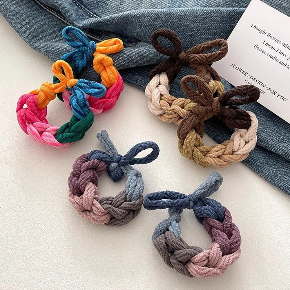 

Colorful Bowknot Braided Hait Ties Ropes High Elastic Thickened Ponytail Holders Rubber Band Women Girls Simple Headwear