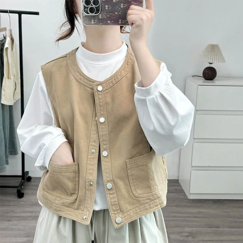 

O-neck Vest Autumn Cotton Aesthetic Waistcoats Casual Cardigans Korean Style Oversized Sleeveless Cropped Coats Women Clothing