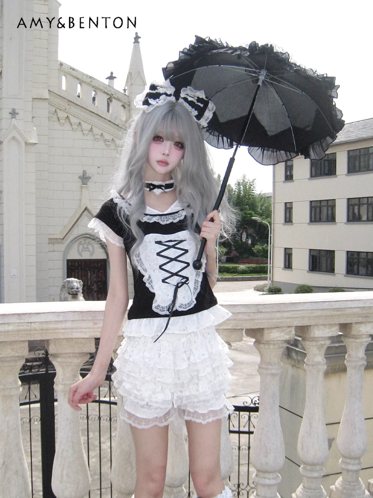 

Cute Spice Girl Subculture Lace Splicing Short Sleeve Slim Top Hot Diamond Printing Multi-layer Shorts Gothic Two-piece Summer