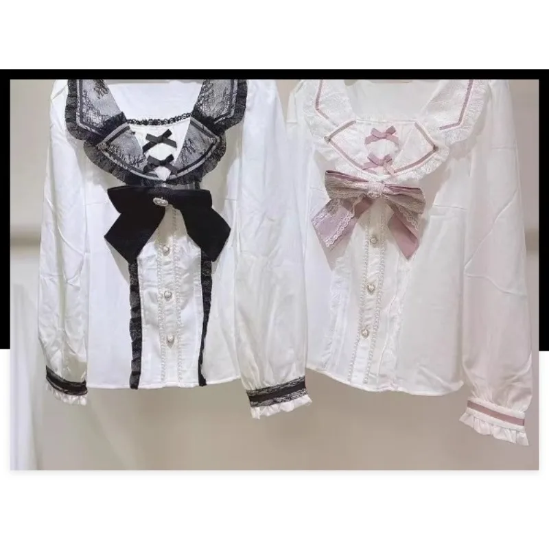 

Новая женская блузка в стиле Лолита на весну-лето 2026 с матросским воротником и съемным бантом, элегантная белая блузка с длинным рукавом для милых девушек