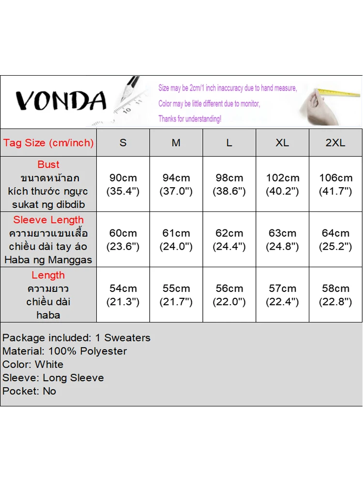 VONDA Knitted Pullovers Sweaters Women Fashion Jumpers 2025 Autumn Long Sleeve O-Neck Skew Collar White Tops Casual Knitwear