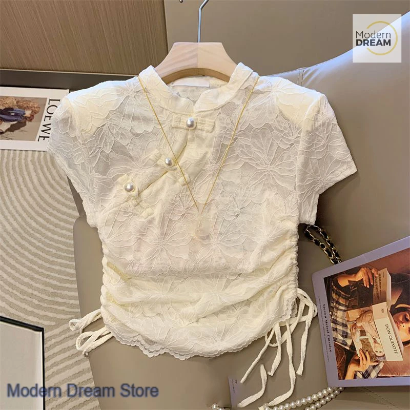 Chinese hypotenuse three-button drawstring strap T-shirt women's summer new flower design fashion casual short-sleeved shirt.