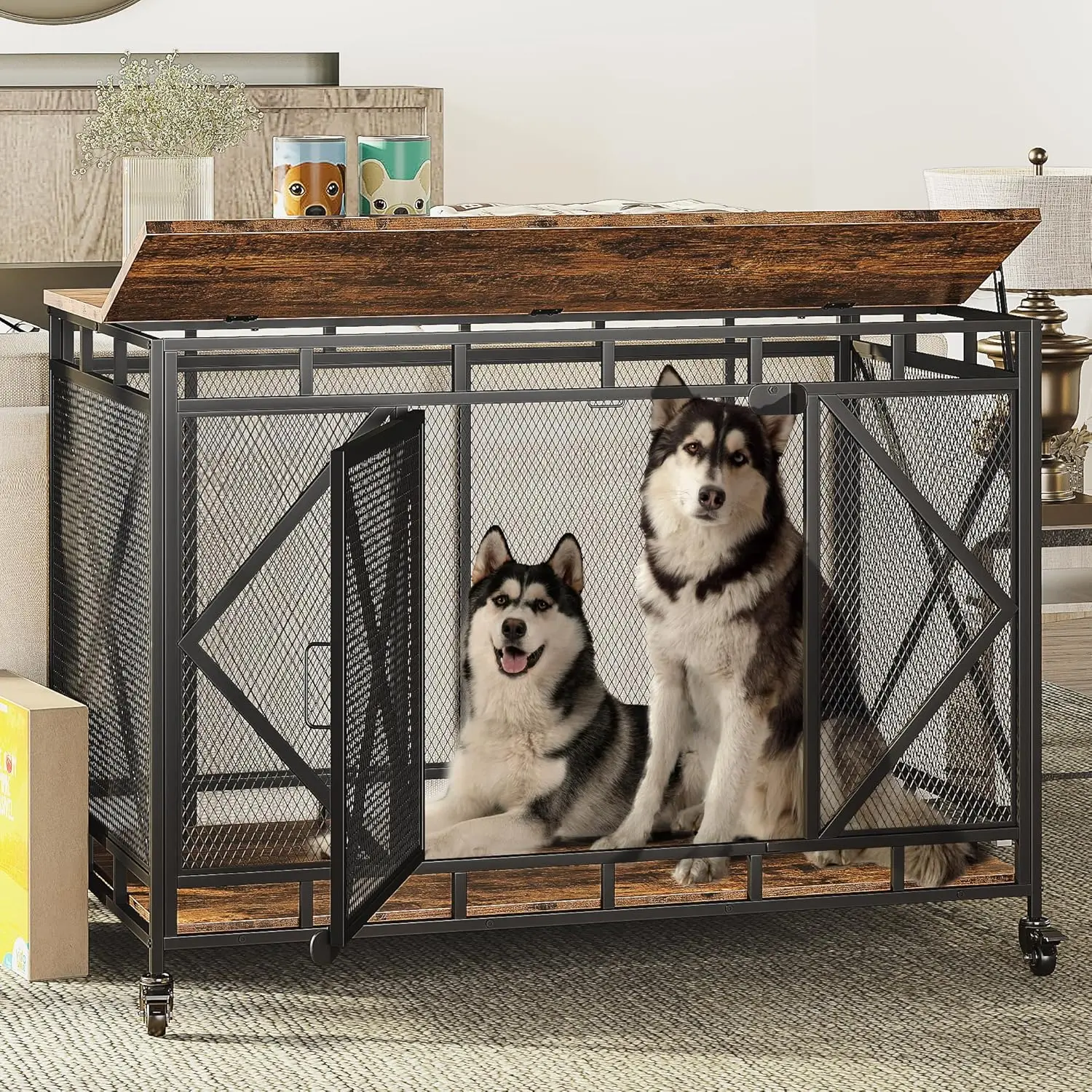 

Dog Crate Furniture, 48 Inch Dog Crate for Large Medium Dogs, Wooden Dog Kennel Indoor End Table, Cage Large